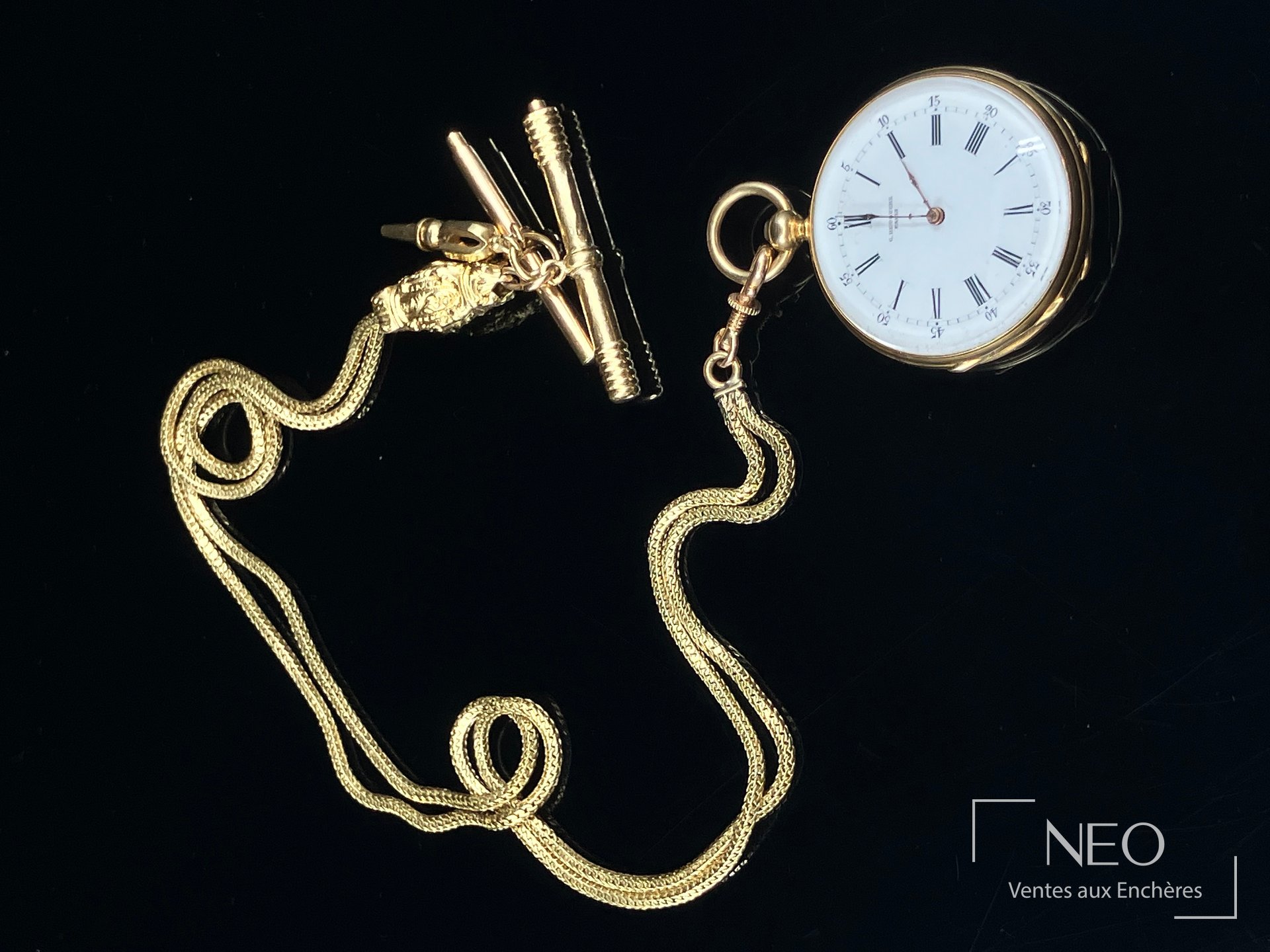 C. Detouche à Paris, montre à gousset en or jaune 18 carats avec chaîne giletière