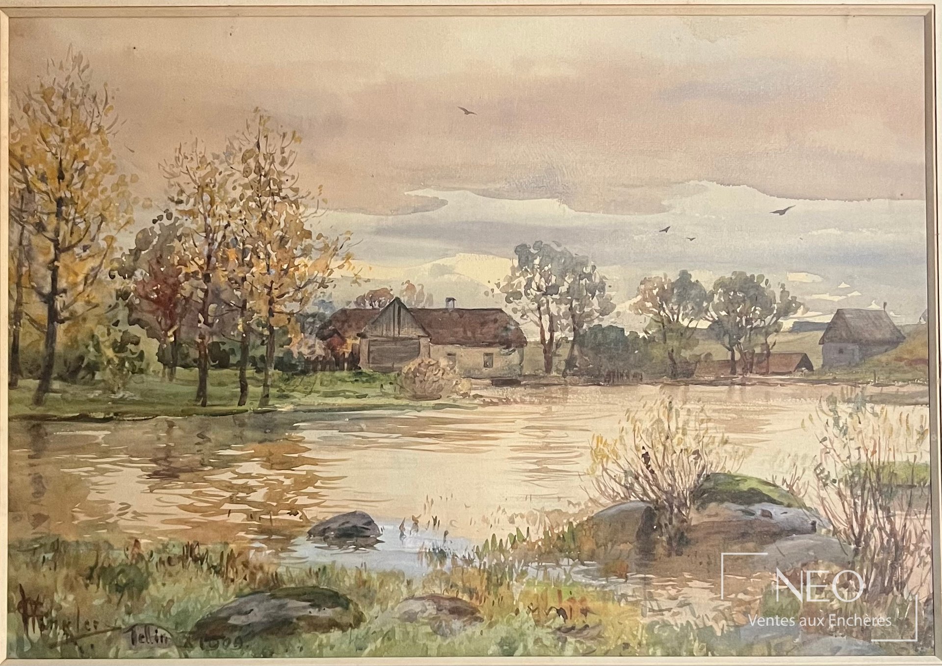 Paysage aquarellé avec rivière