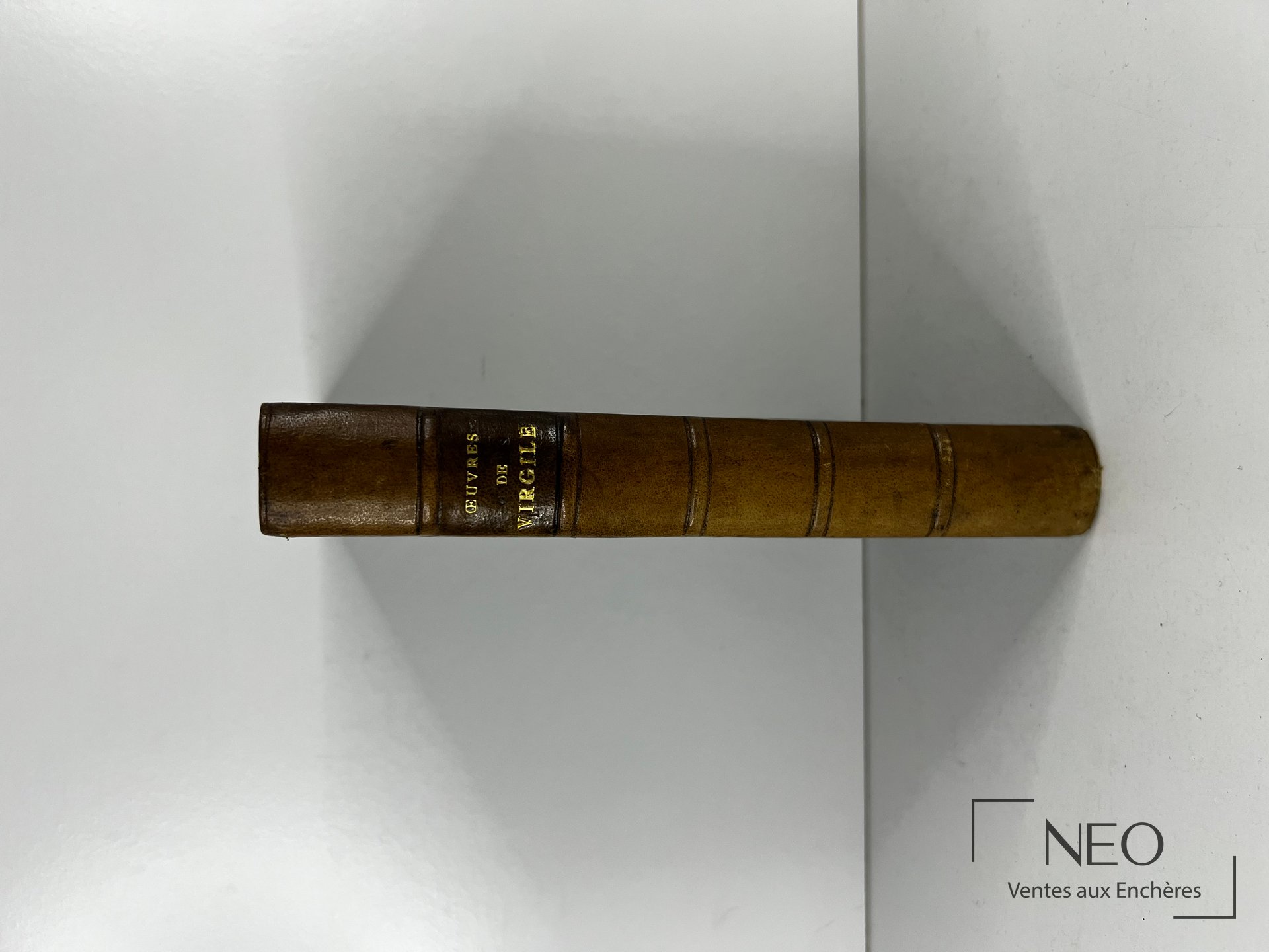 Dos d’un livre ancien en demi basane verte avec titre doré.