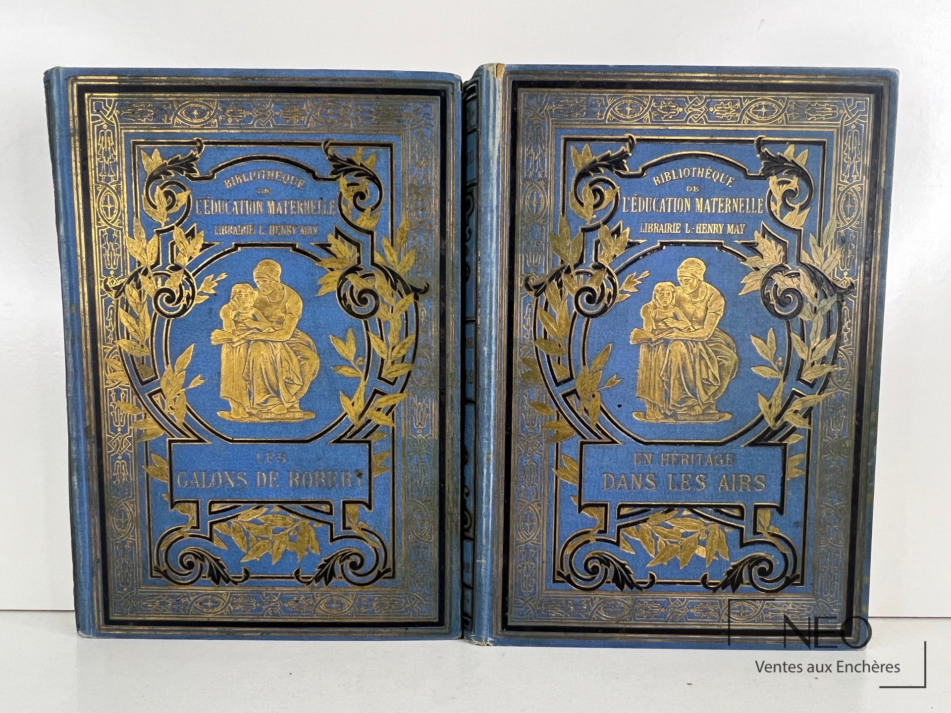 Les deux plats d'un livre bleu ornés de dorures et d'une scène centrale dorée