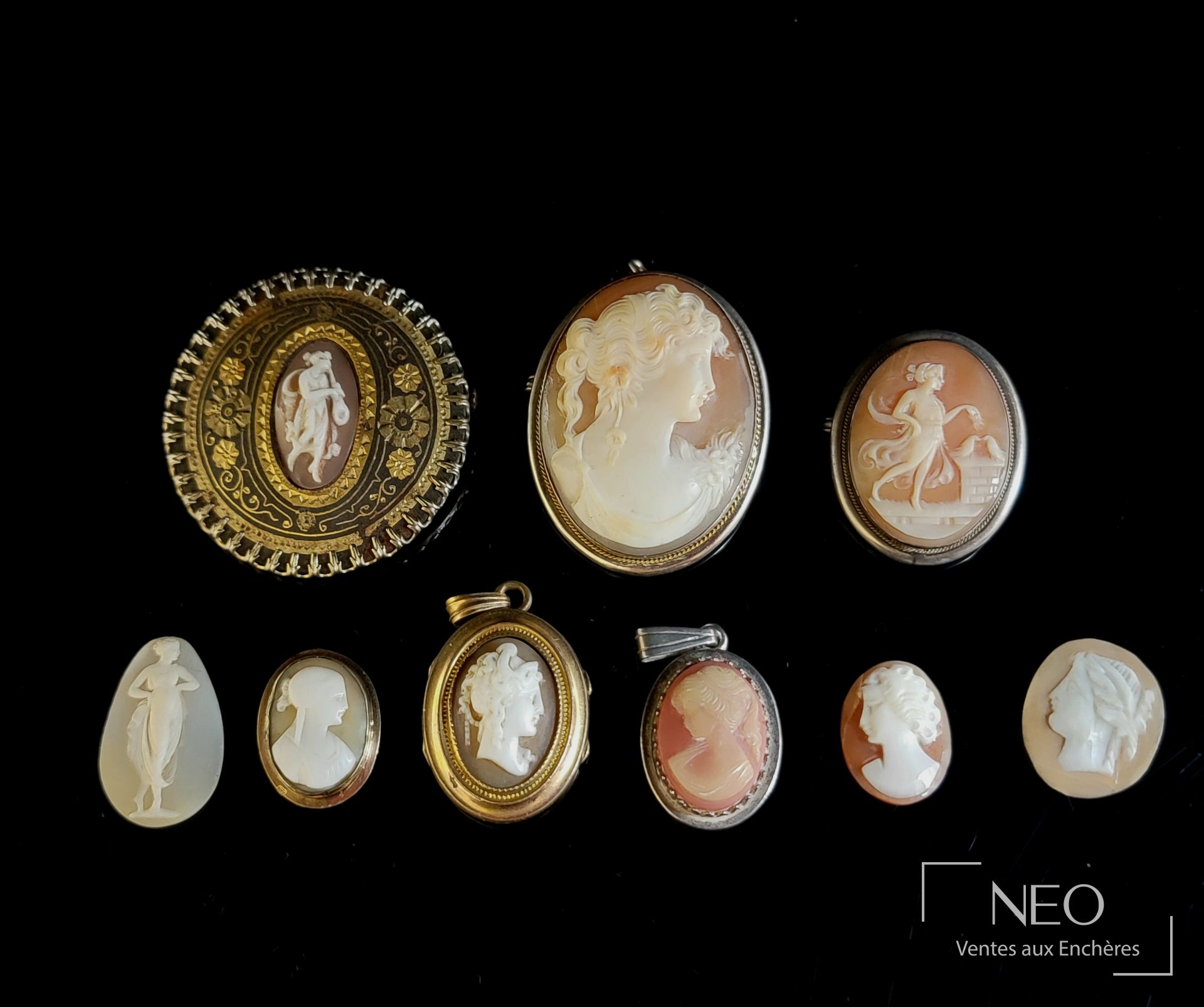 Ensemble de neuf camées coquilles à profils à l’antique