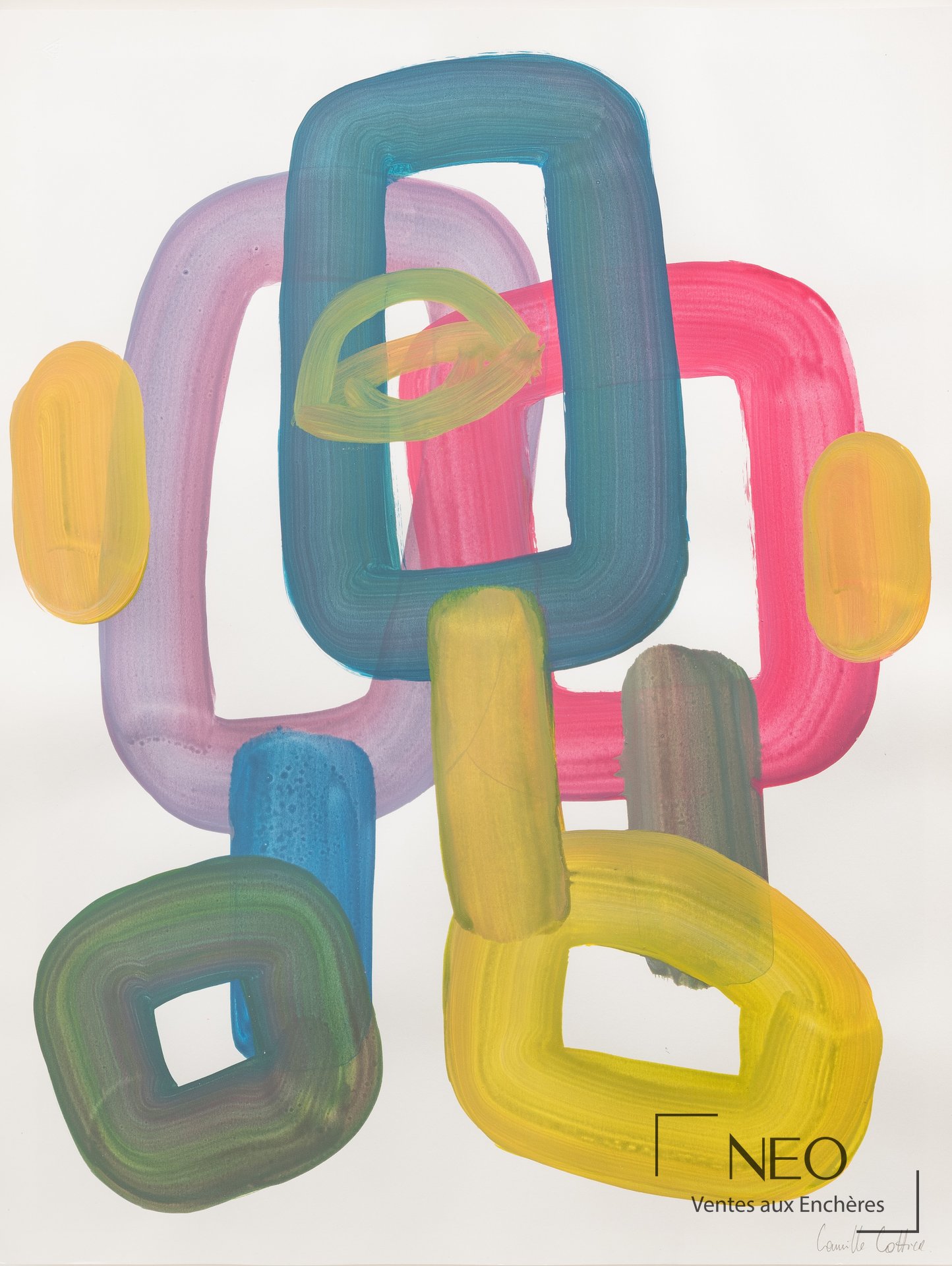 Composition abstraite aux formes colorées entrelacées sur fond blanc