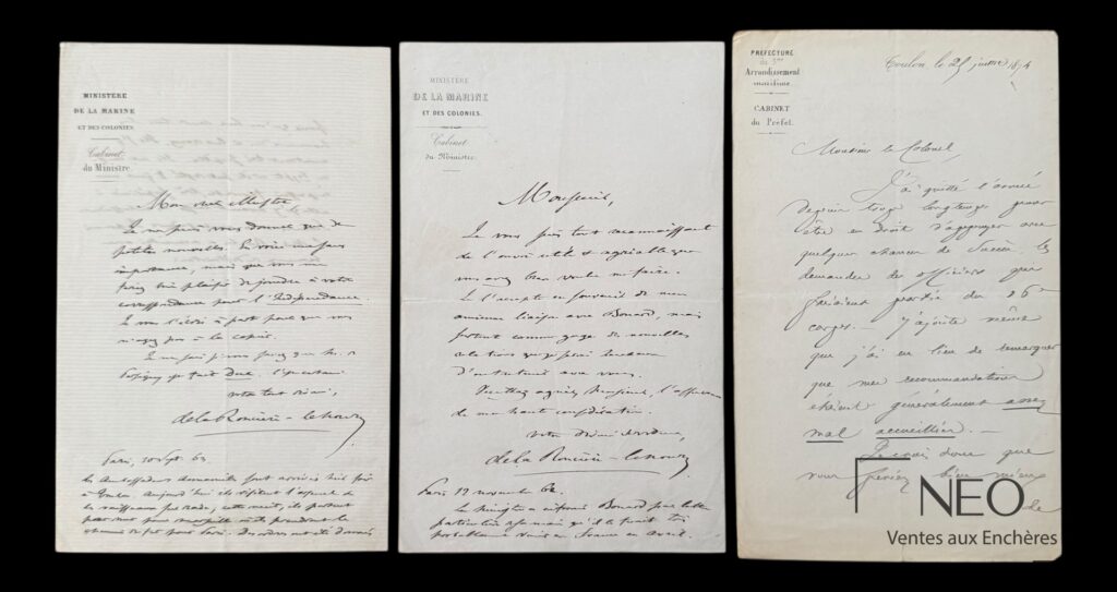 Trois lettres autographes sur papier à en-tête du ministère de la marine et des colonies