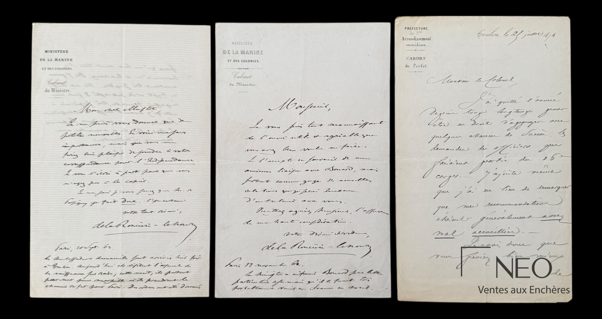 Trois lettres autographes sur papier à en-tête du ministère de la marine et des colonies