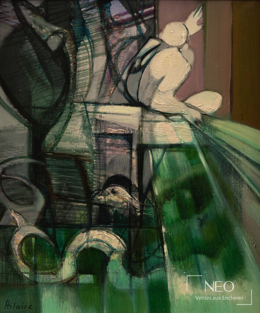 Huile sur toile abstraite de Camille Hilaire aux formes architecturées et tons verts