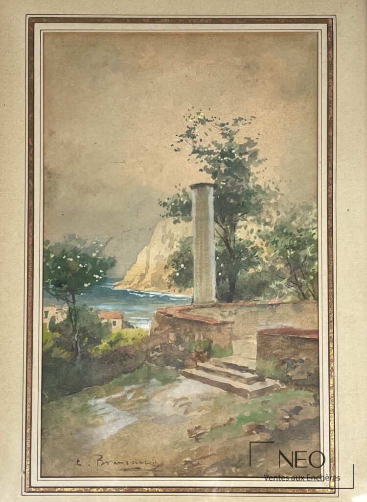 Aquarelle encadrée représentant une vue de Naples avec côte