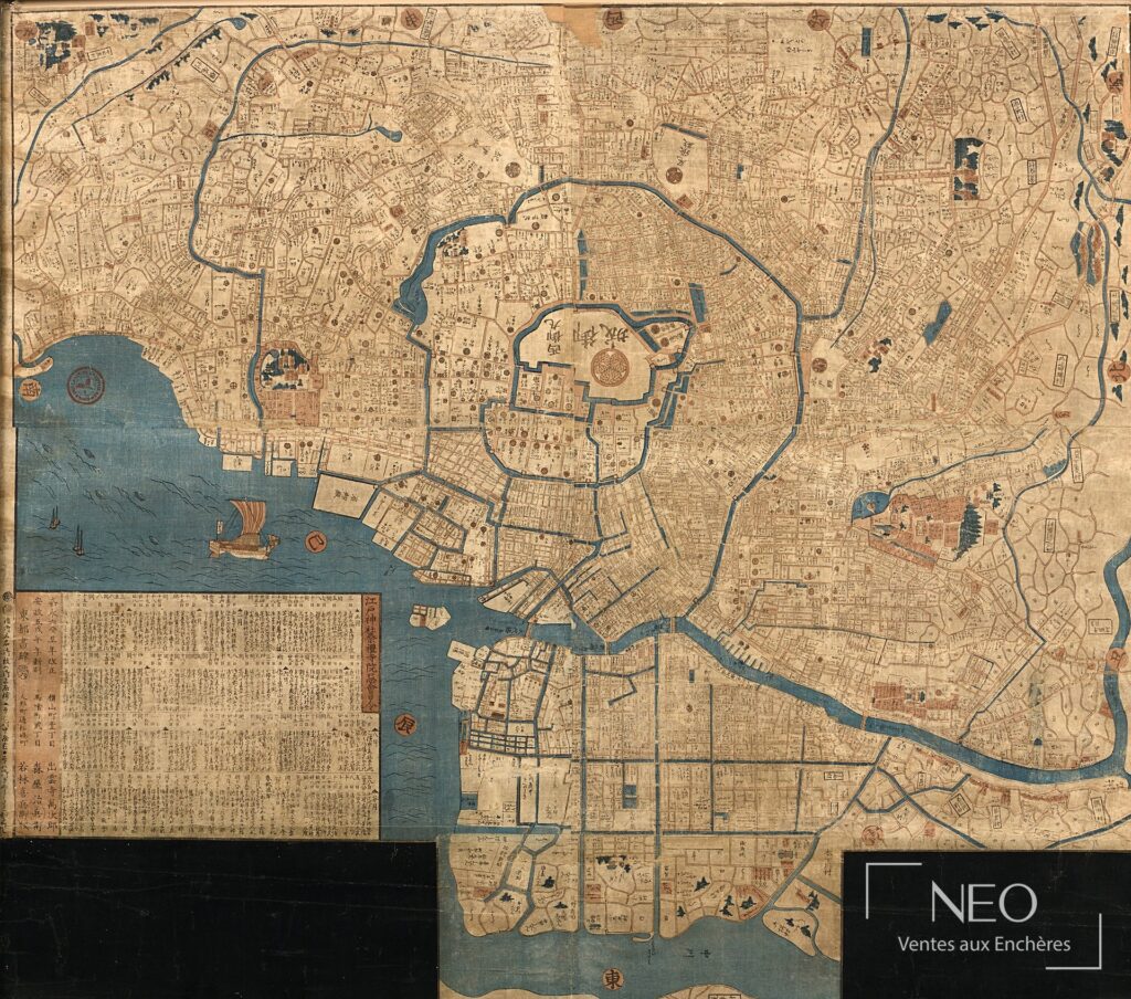 Grande carte gravée d'Edo en couleurs rouge et bleu