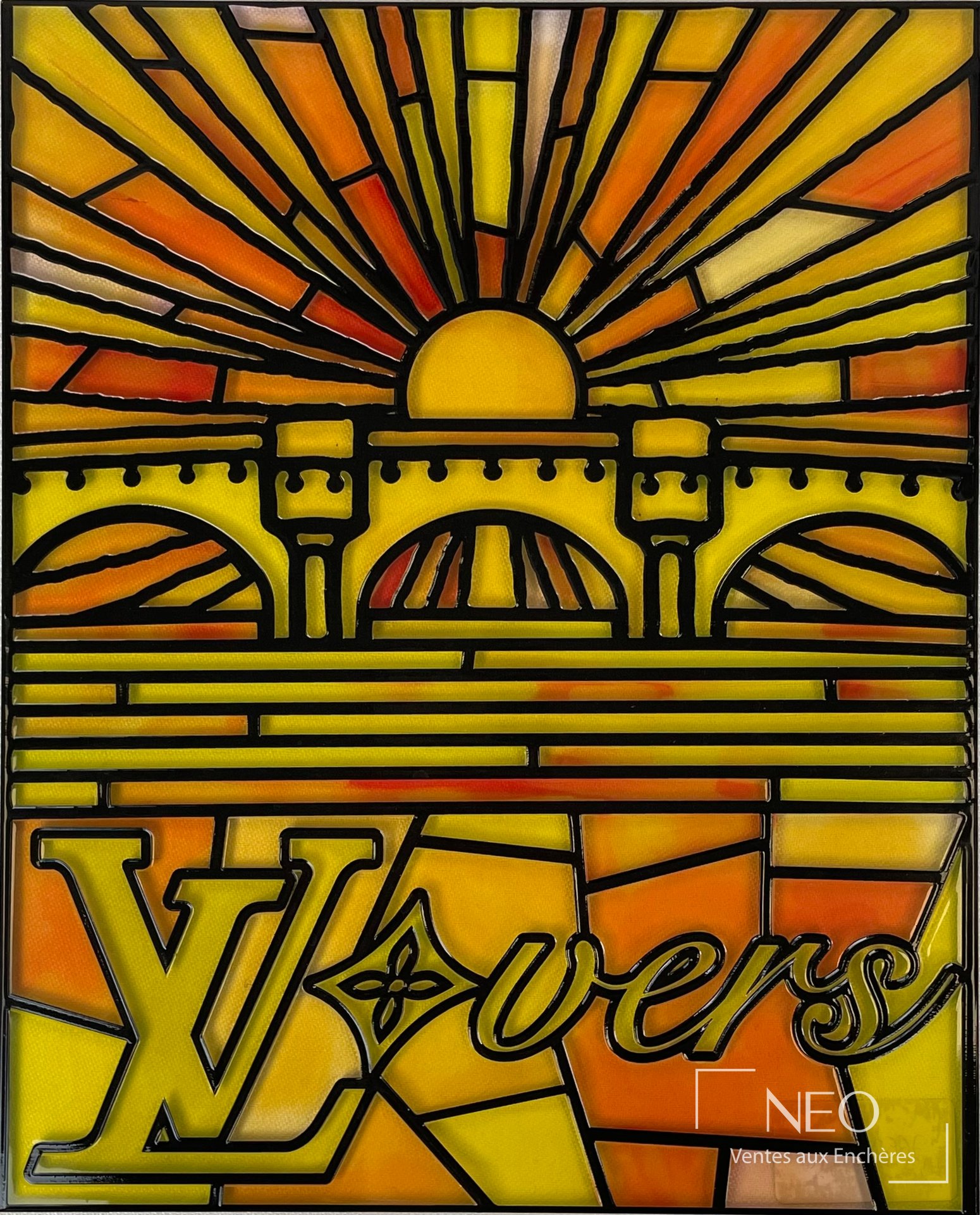 Carton d'invitation Louis Vuitton au décor de pont en vitrail jaune et orangé