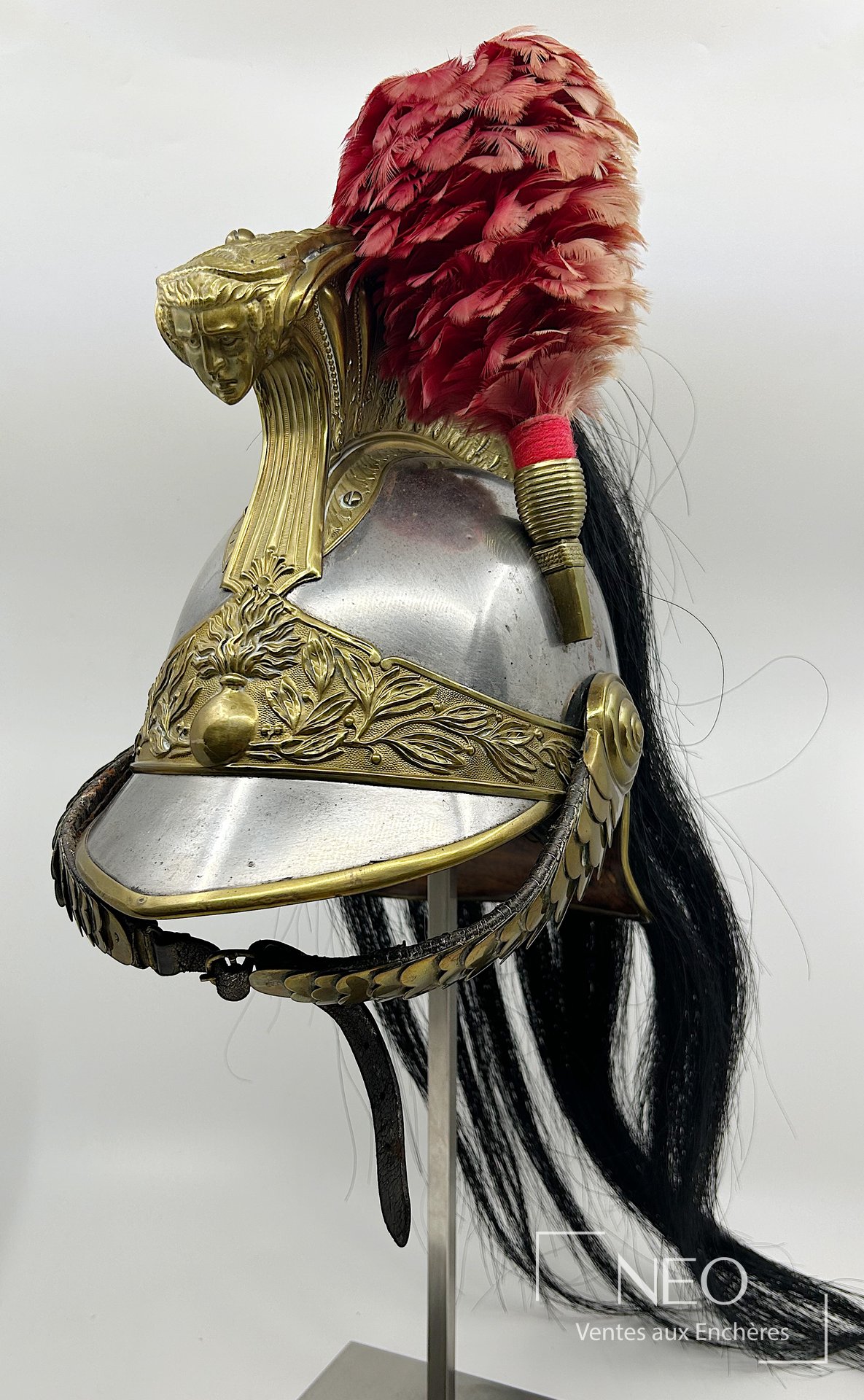Casque de dragon modèle 1872 vu de face avec plumet écarlate et crinière noire