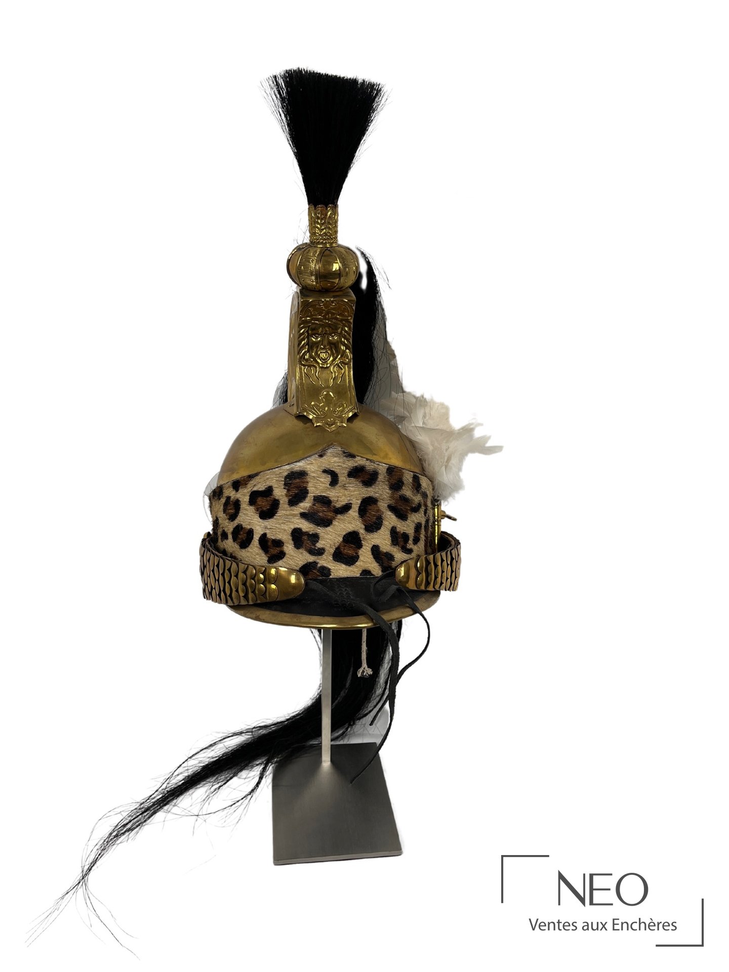 Casque d’officier de dragon en laiton doré avec plumet noir et bandeau façon panthère