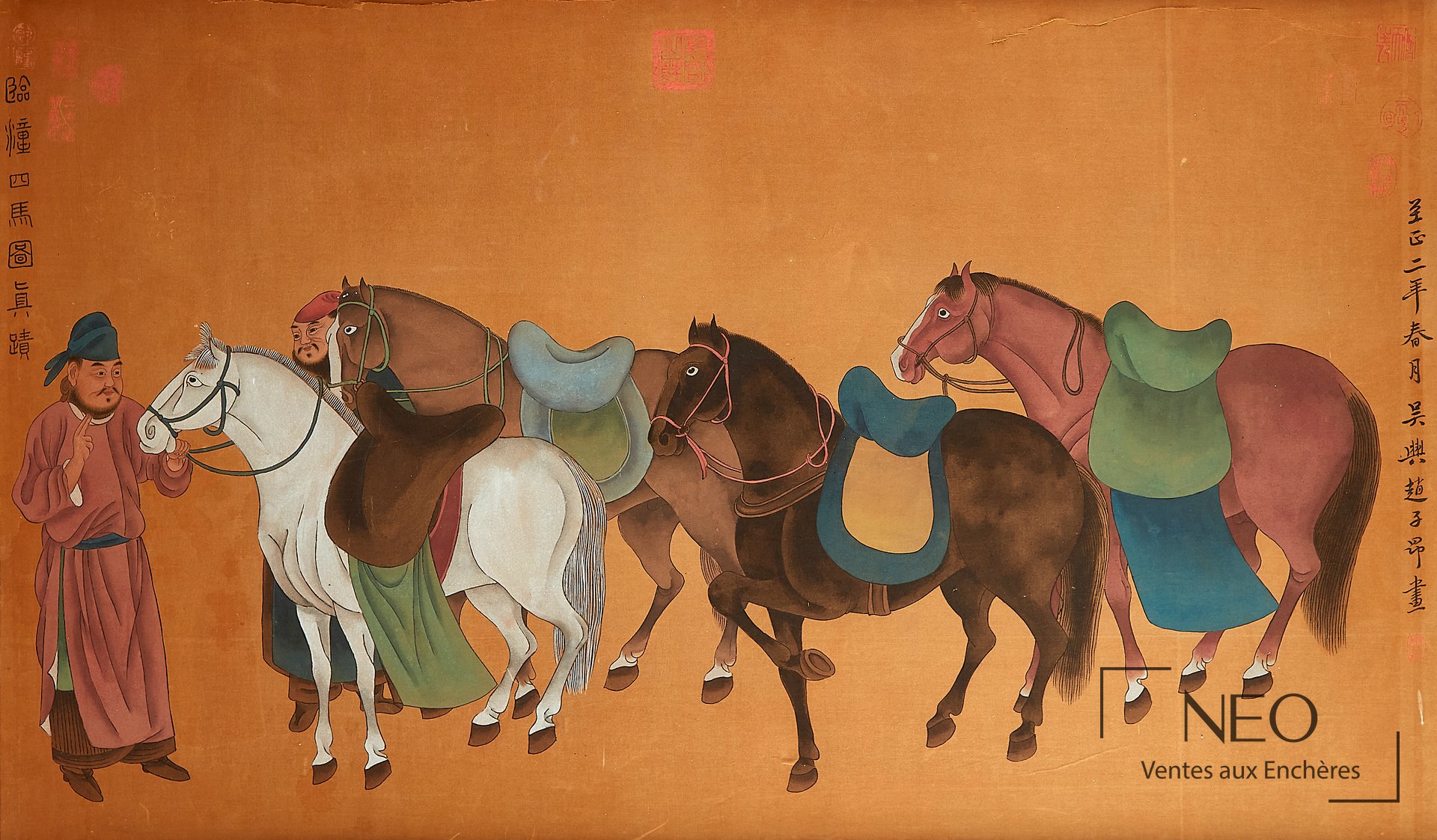 Peinture chinoise de cavaliers et chevaux sur fond brun-orangé