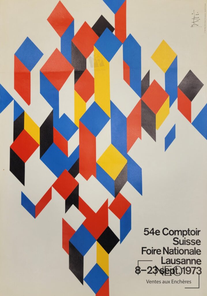 Affiche de Celestino Piatti aux formes géométriques colorées et au titre Lausanne 1973