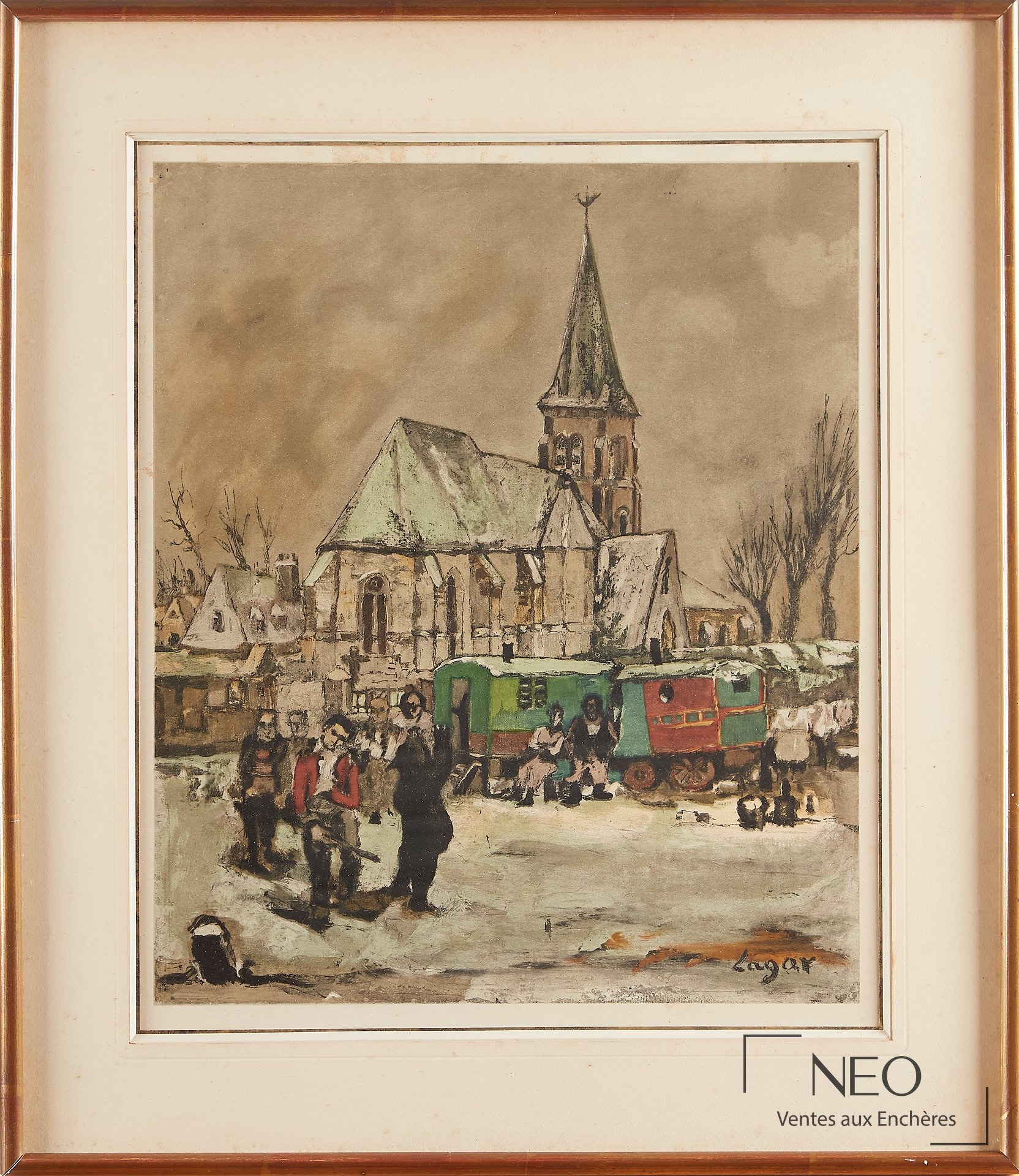 Reproduction en couleurs de Les Roulottes devant l'Église de Celso LAGAR dans son encadrement