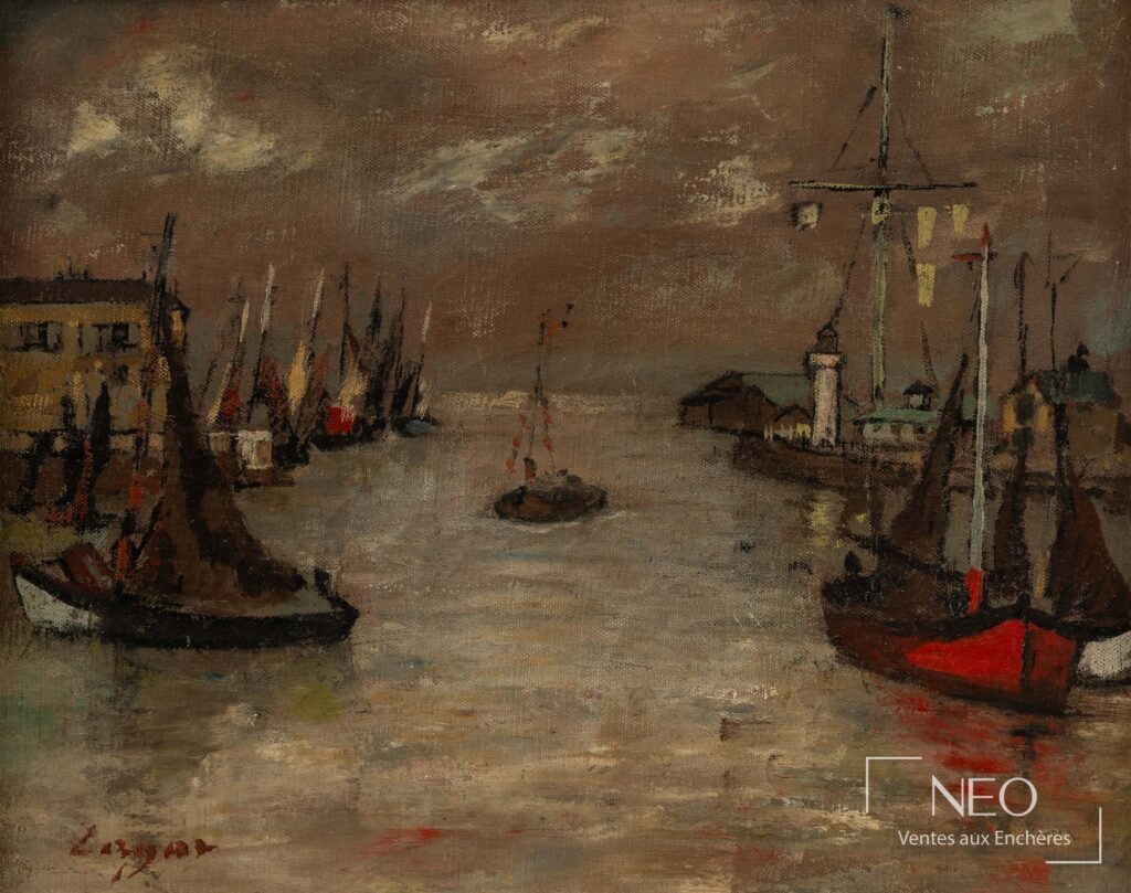 Huile sur toile de Celso Lagar représentant le port de Honfleur dans des tons bruns et rouges.
