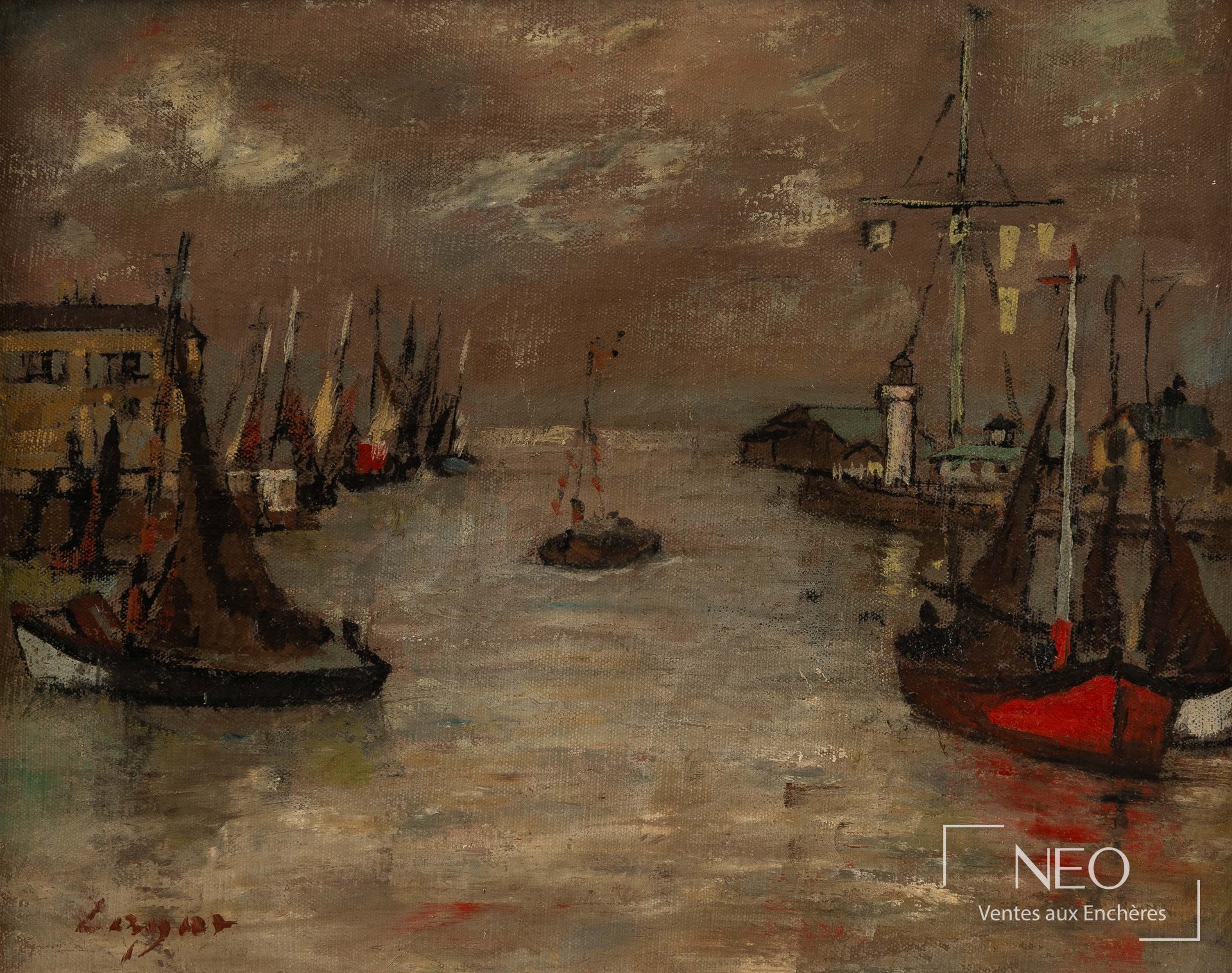 Huile sur toile de Celso Lagar représentant le port de Honfleur dans des tons bruns et rouges.