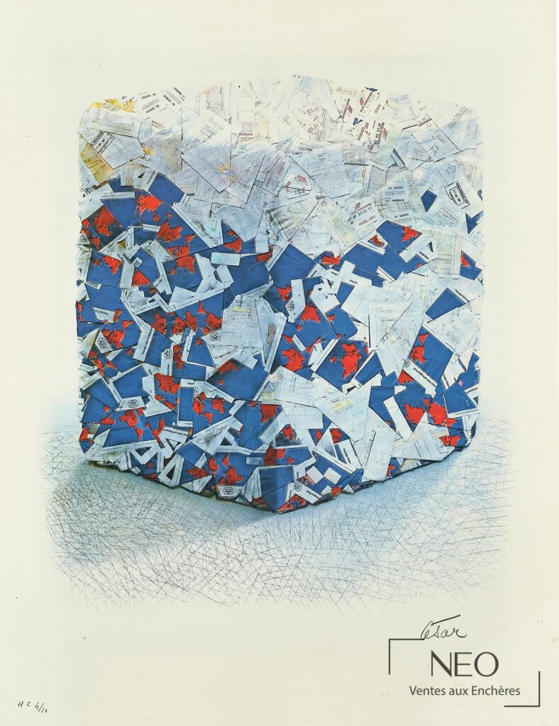 Lithographie de César montrant une compression de billets d'Air France en bleu