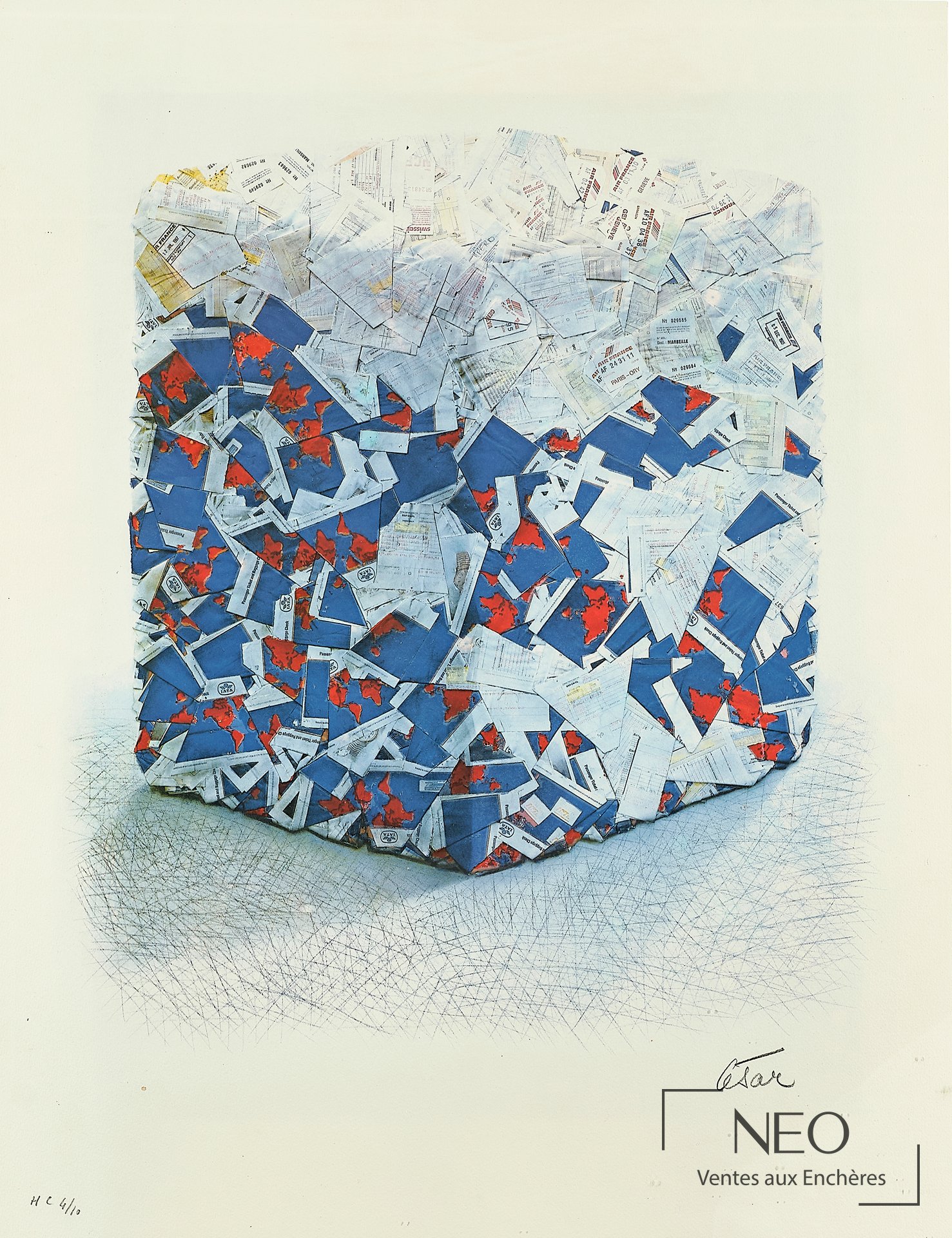 Lithographie de César montrant une compression de billets d'Air France en bleu