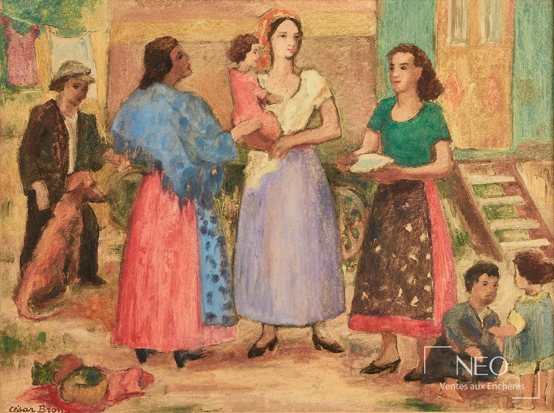 Monotype de César Bron représentant plusieurs femmes en tenue colorée