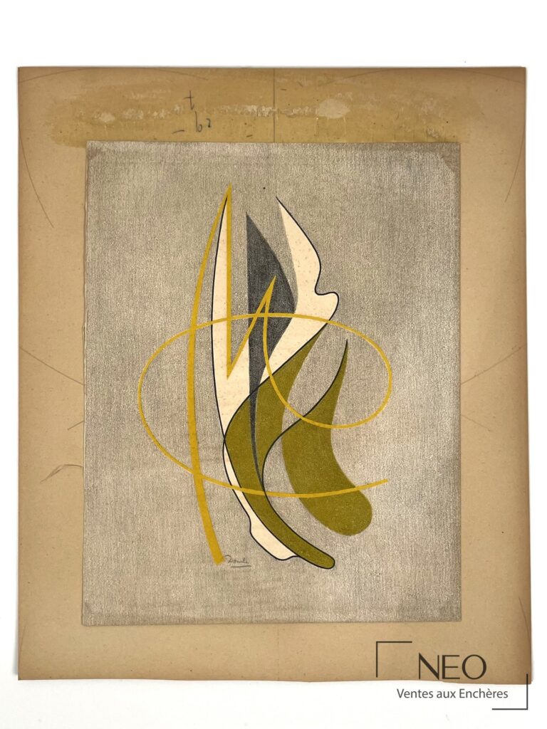 Lithographie abstraite de César Domela aux formes jaunes