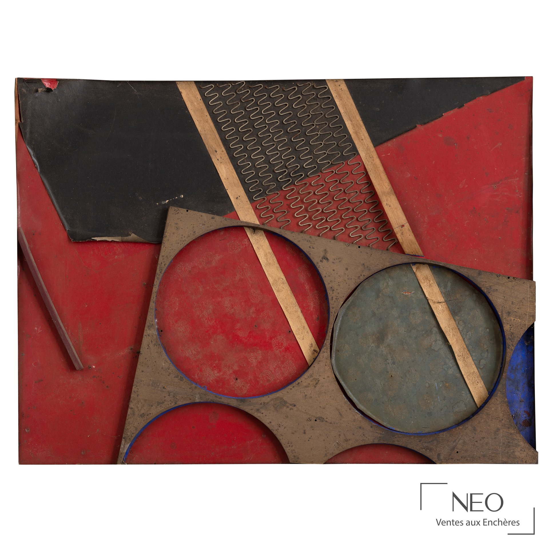Relief abstrait rouge et noir de César Domela avec éléments géométriques et cercles