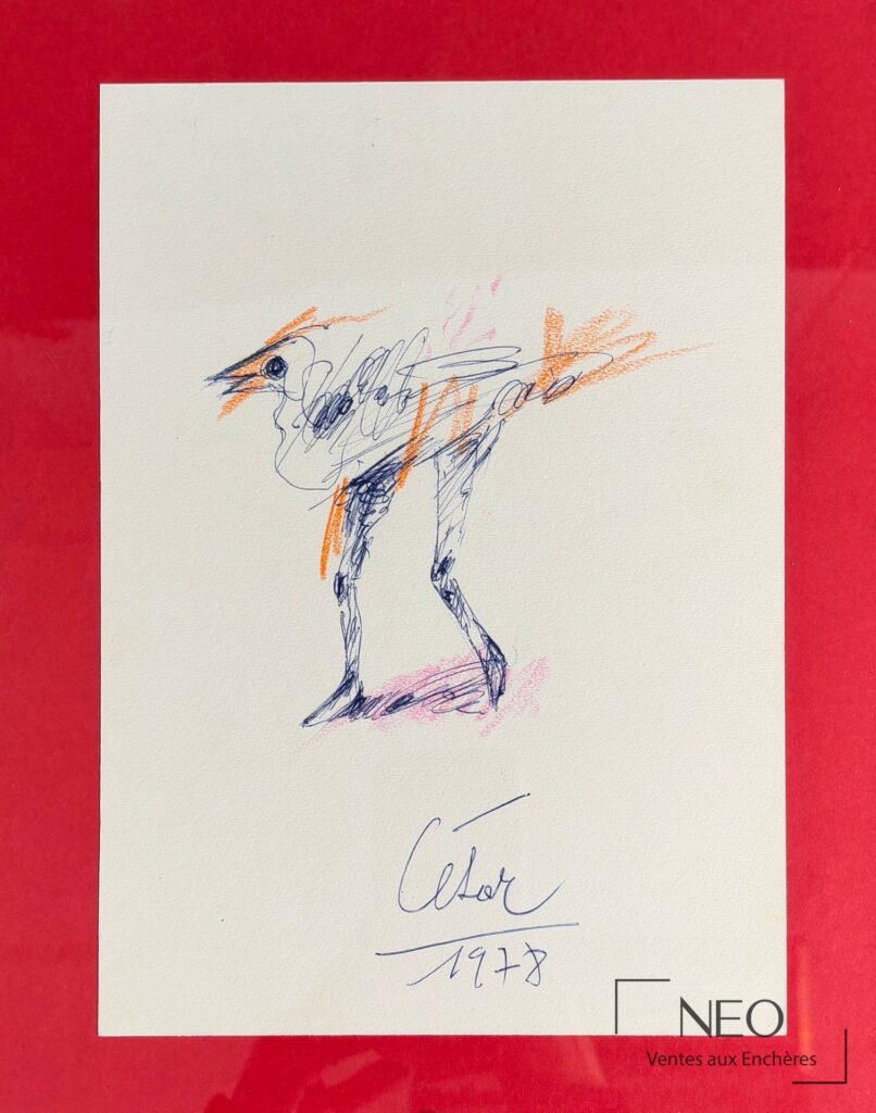 Illustration d'une poule au stylo et crayons de couleur sur fond rouge