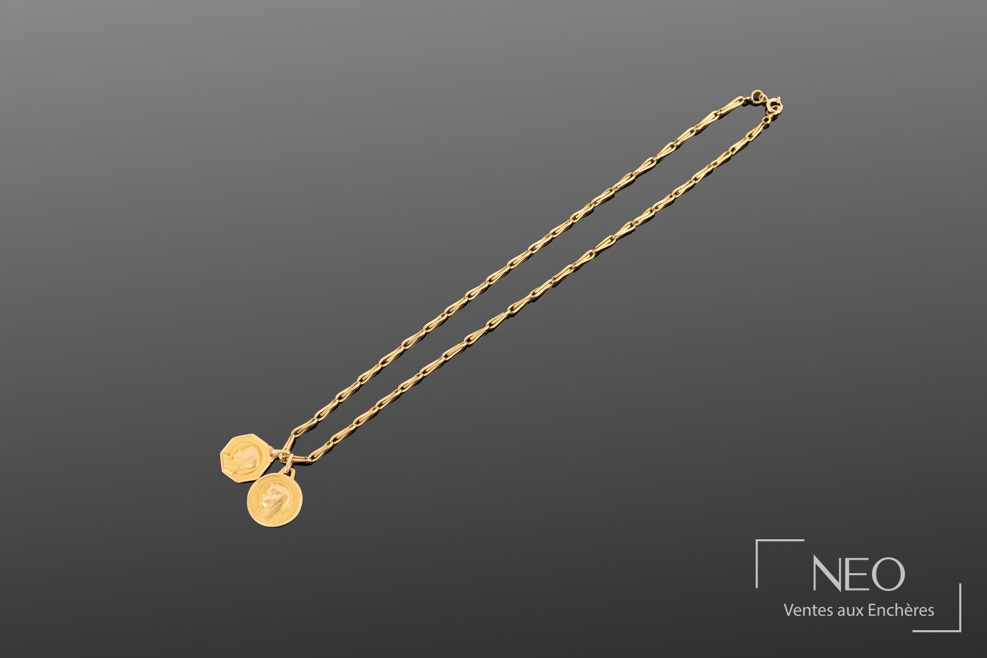 Chaîne de cou en or jaune avec deux pendentifs profil de la Vierge sur fond gris
