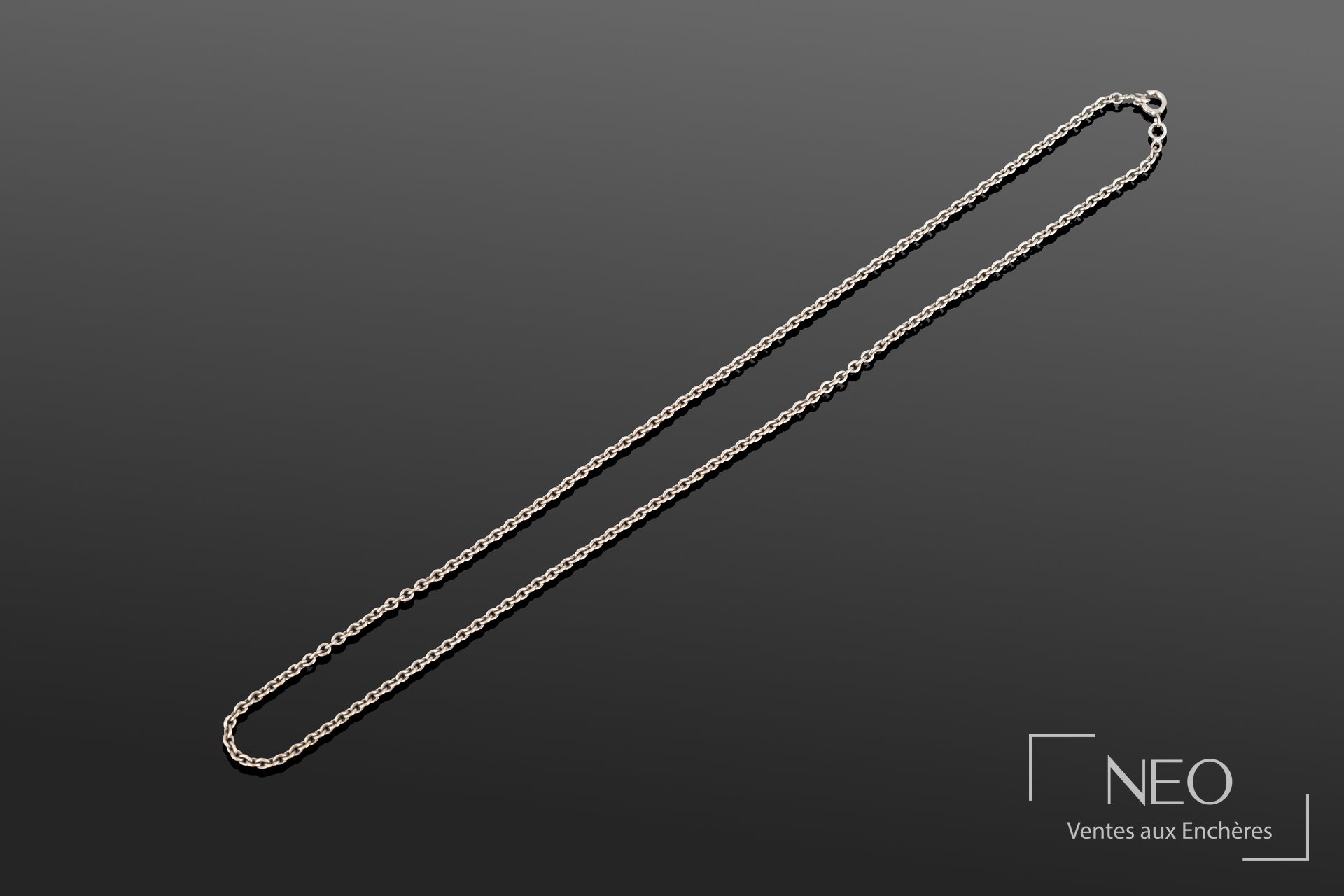 Chaîne en or gris à maille forçat ronde sur fond gris