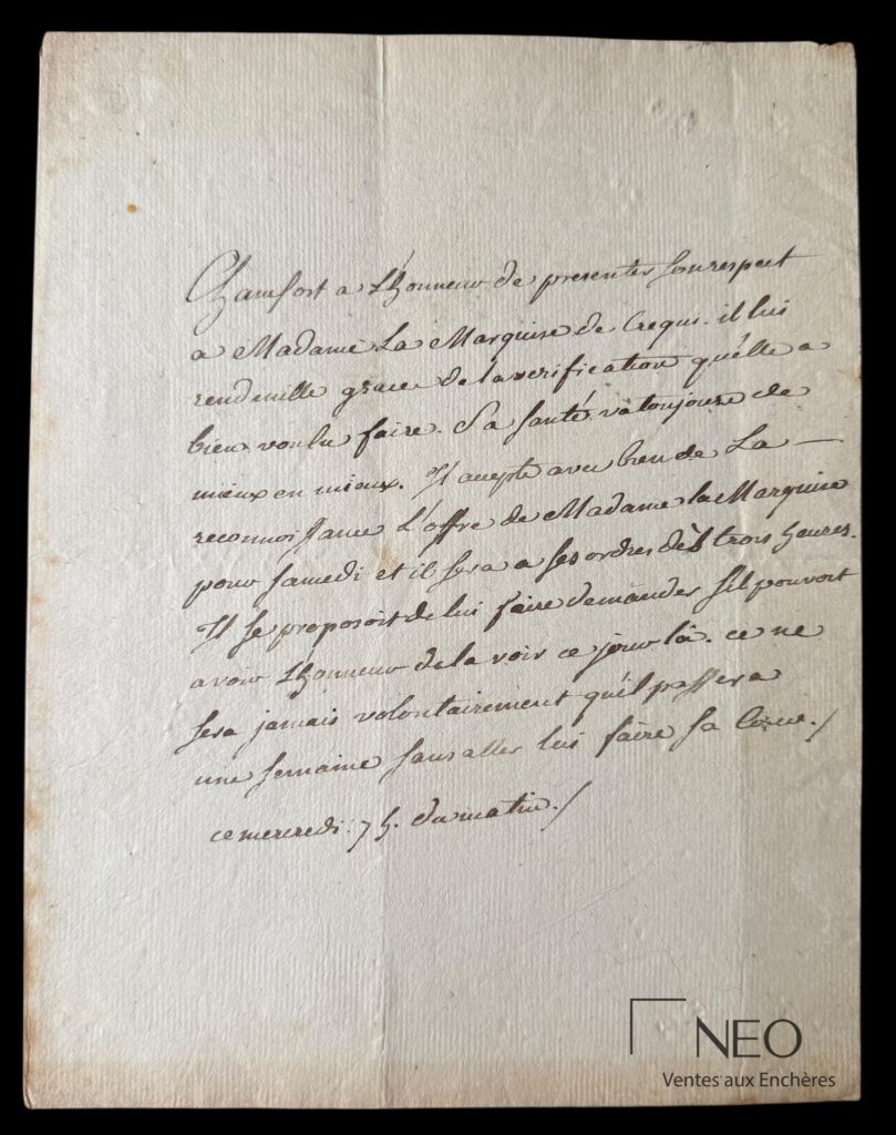 Lettre autographe manuscrite de Chamfort sur papier