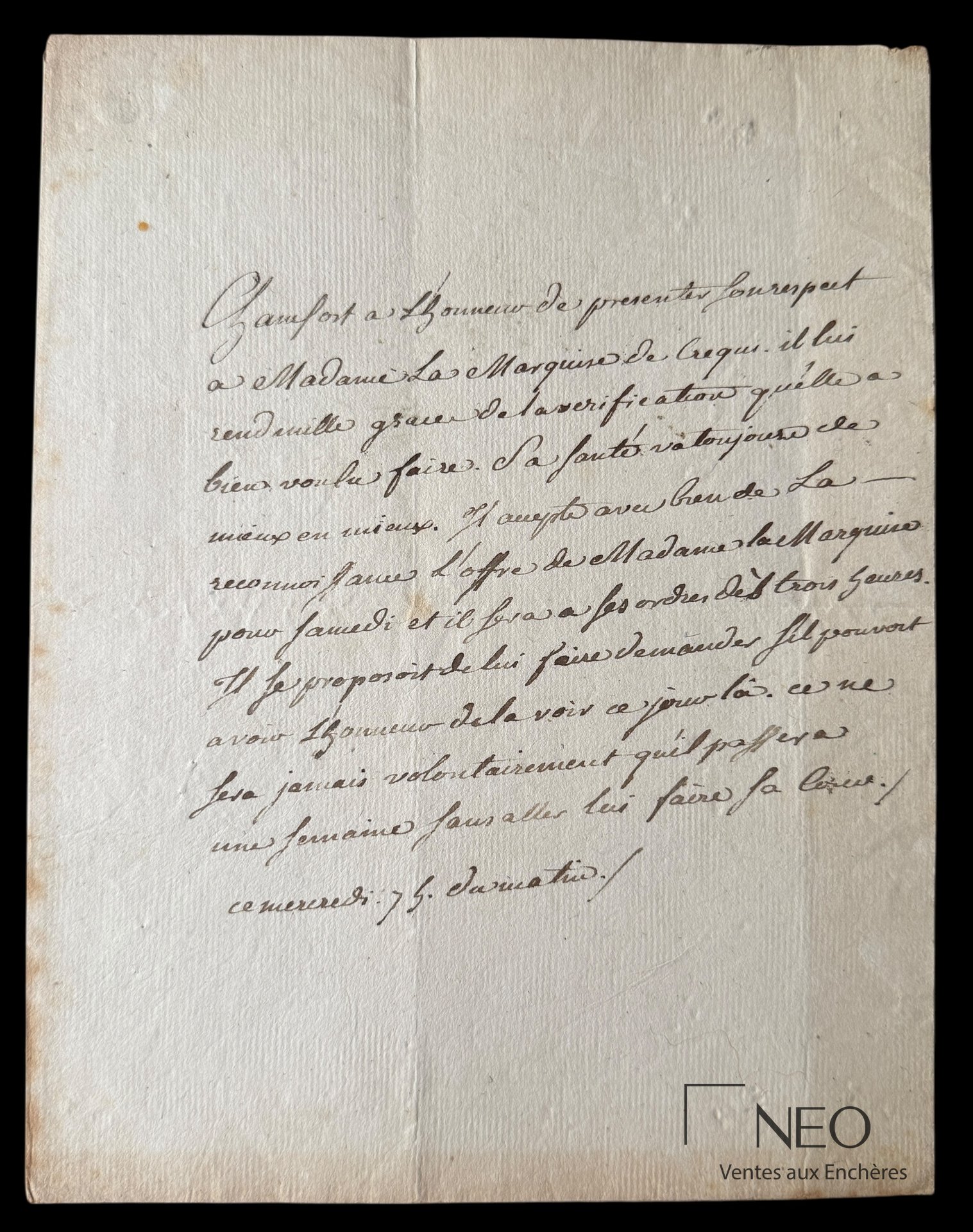 Chamfort lettre autographe à Madame la Marquise de Crequi