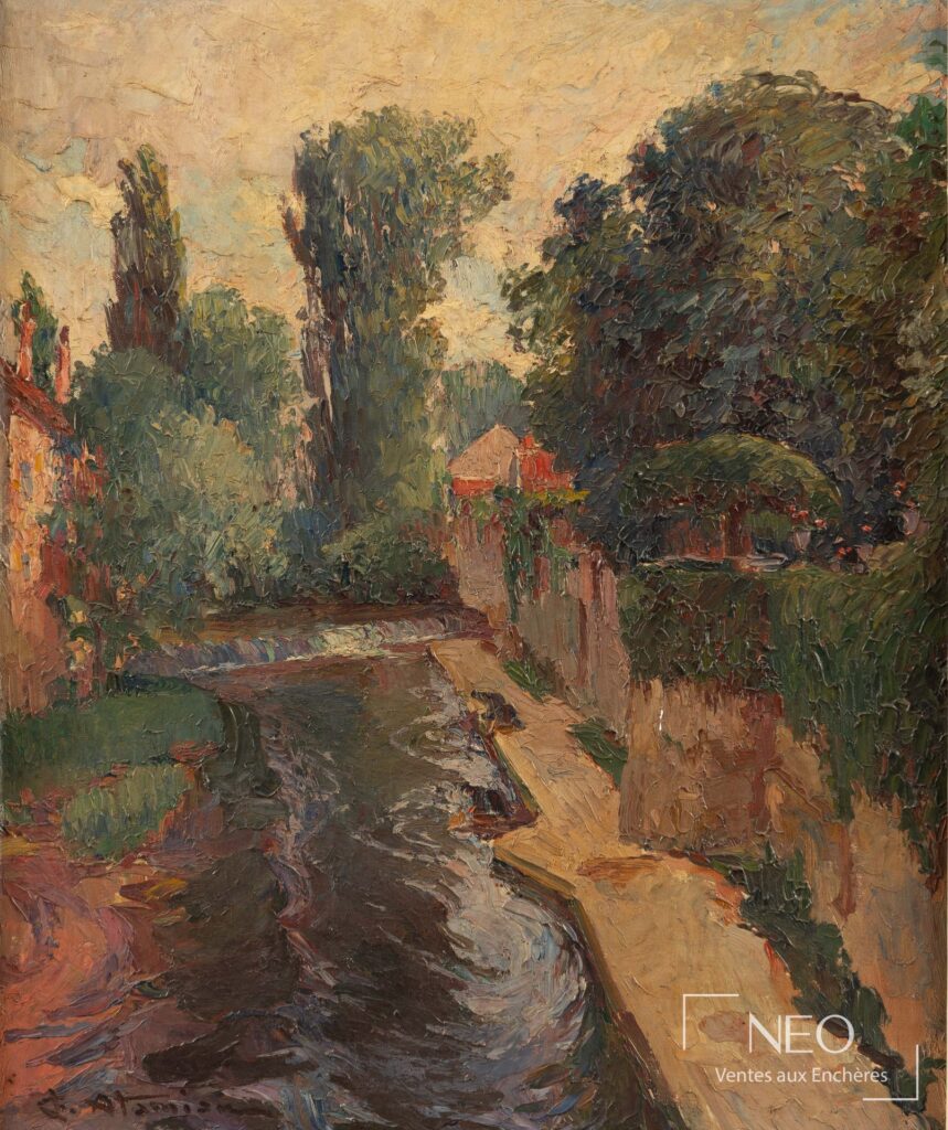 Paysage de canal bordé d’arbres et de maisons