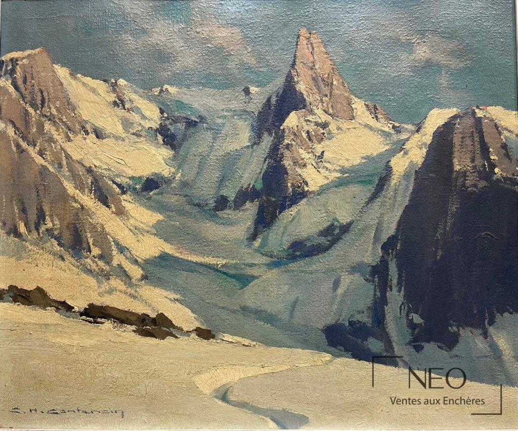 Paysage de montagne enneigé peint à l'huile
