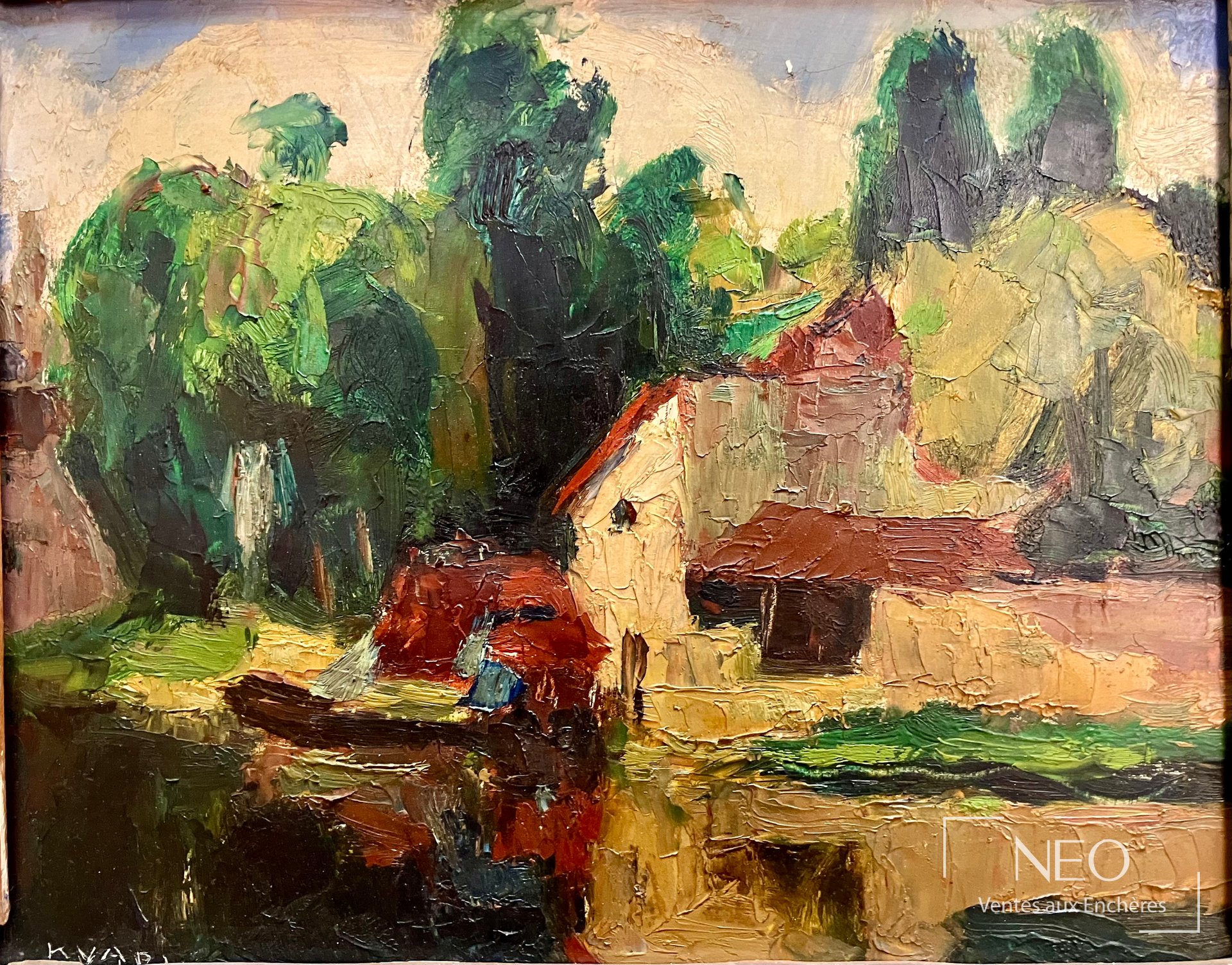 Paysage de maisons et d'arbres à l'huile