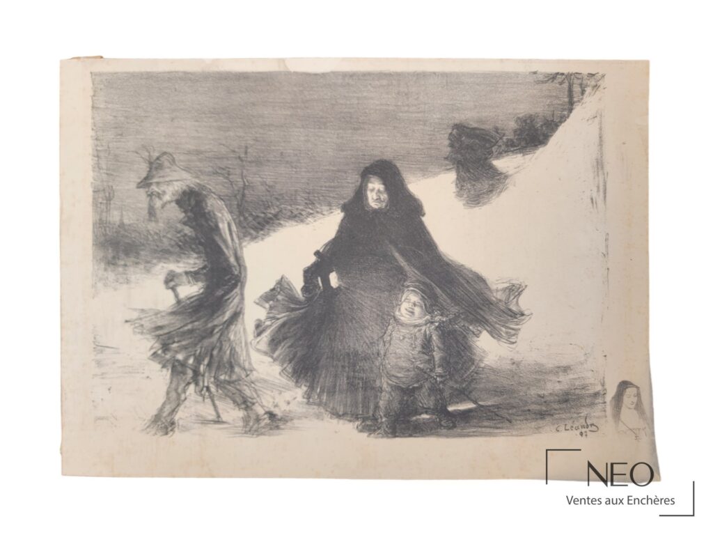Lithographie de Charles Leandre représentant une scène de Noël