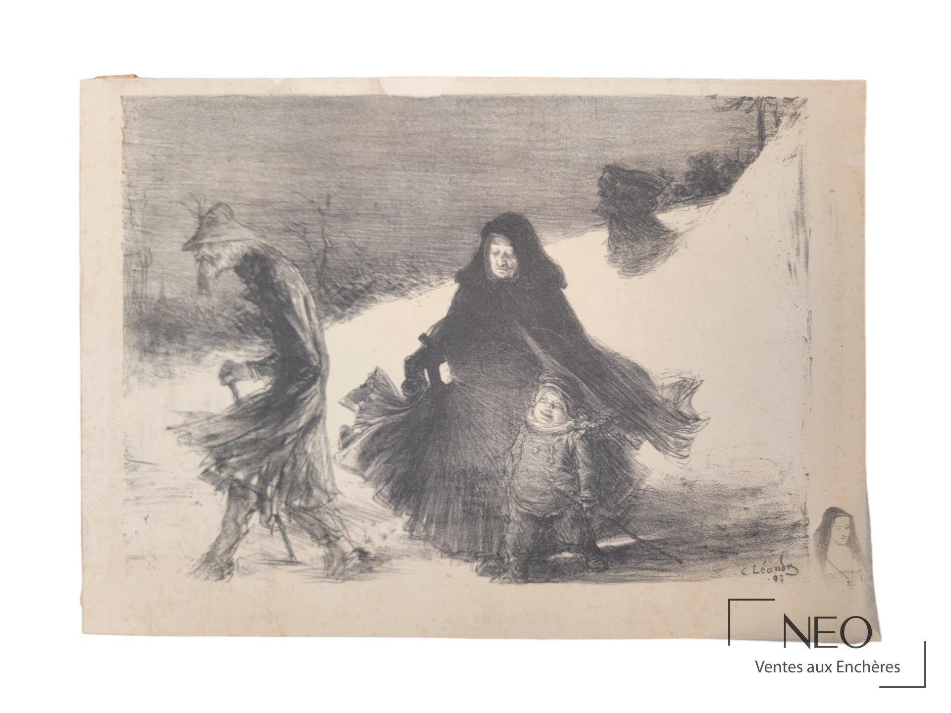 Lithographie de Charles Leandre représentant une scène de Noël
