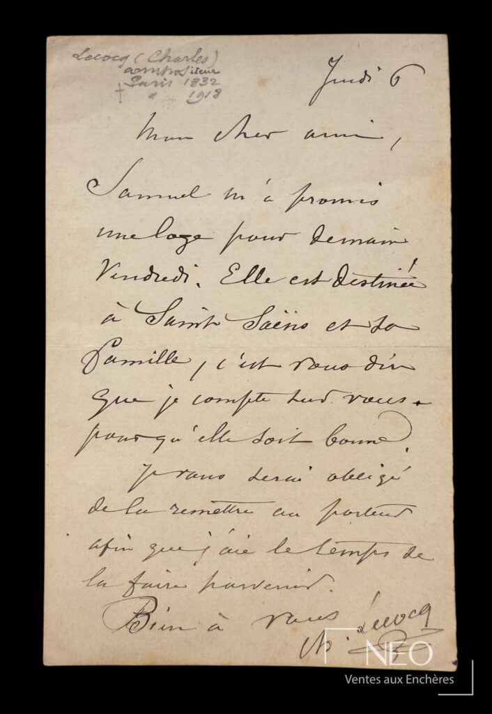 Lettre autographe signée de Charles Lecocq