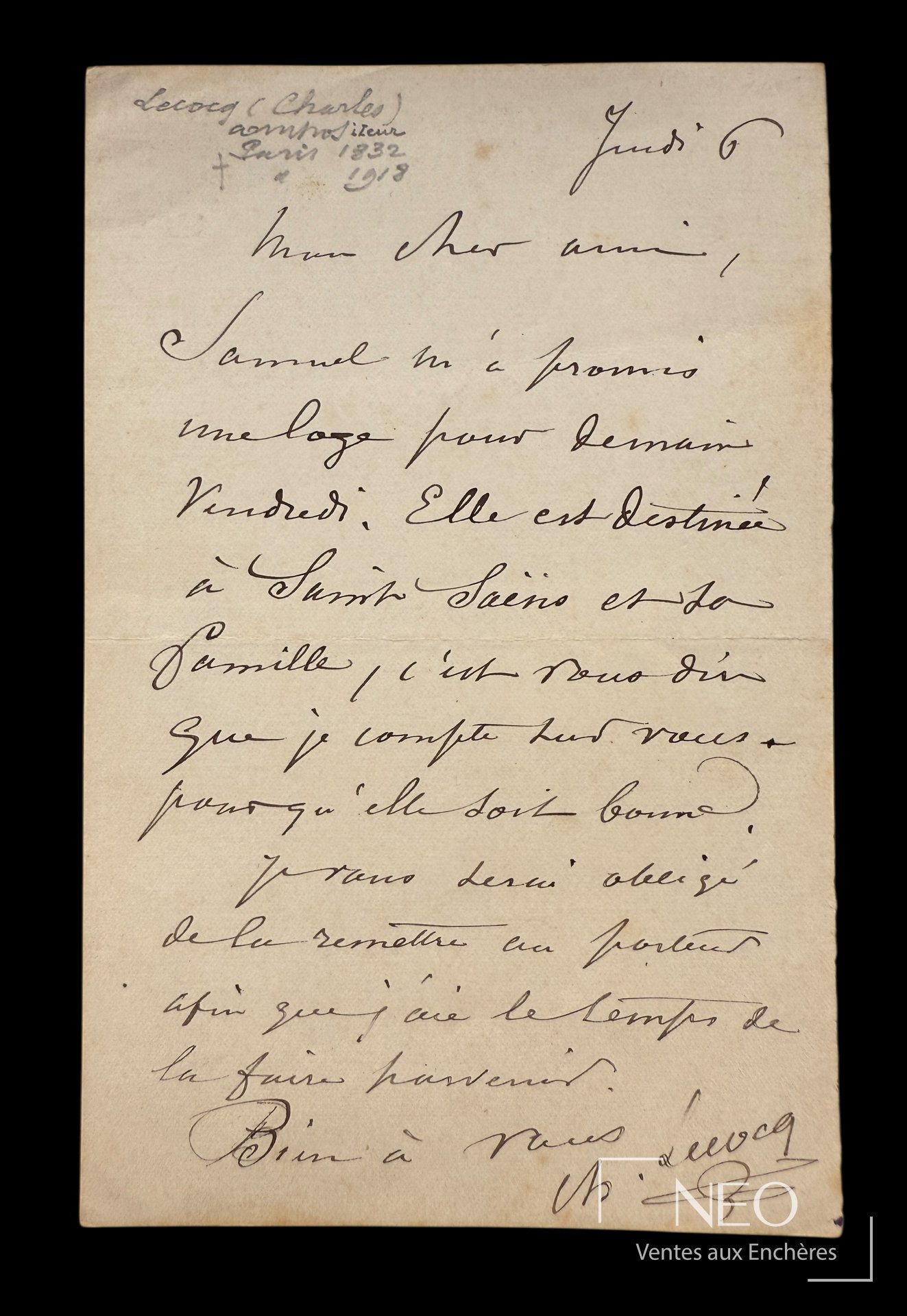 Lettre autographe signée de Charles Lecocq