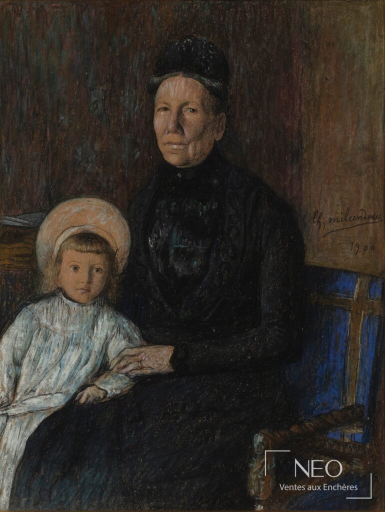 Portrait au pastel d'une gouvernante en noir avec un enfant assis à ses côtés