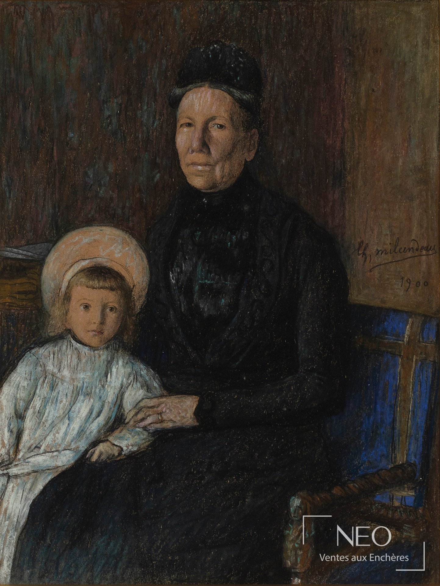Portrait au pastel d'une gouvernante en noir avec un enfant assis à ses côtés
