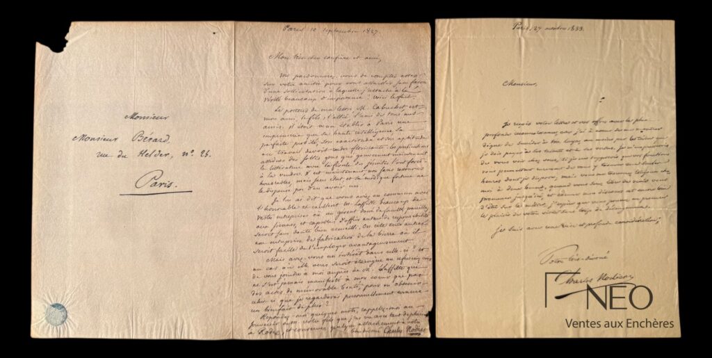 Deux lettres autographes de Charles Nodier