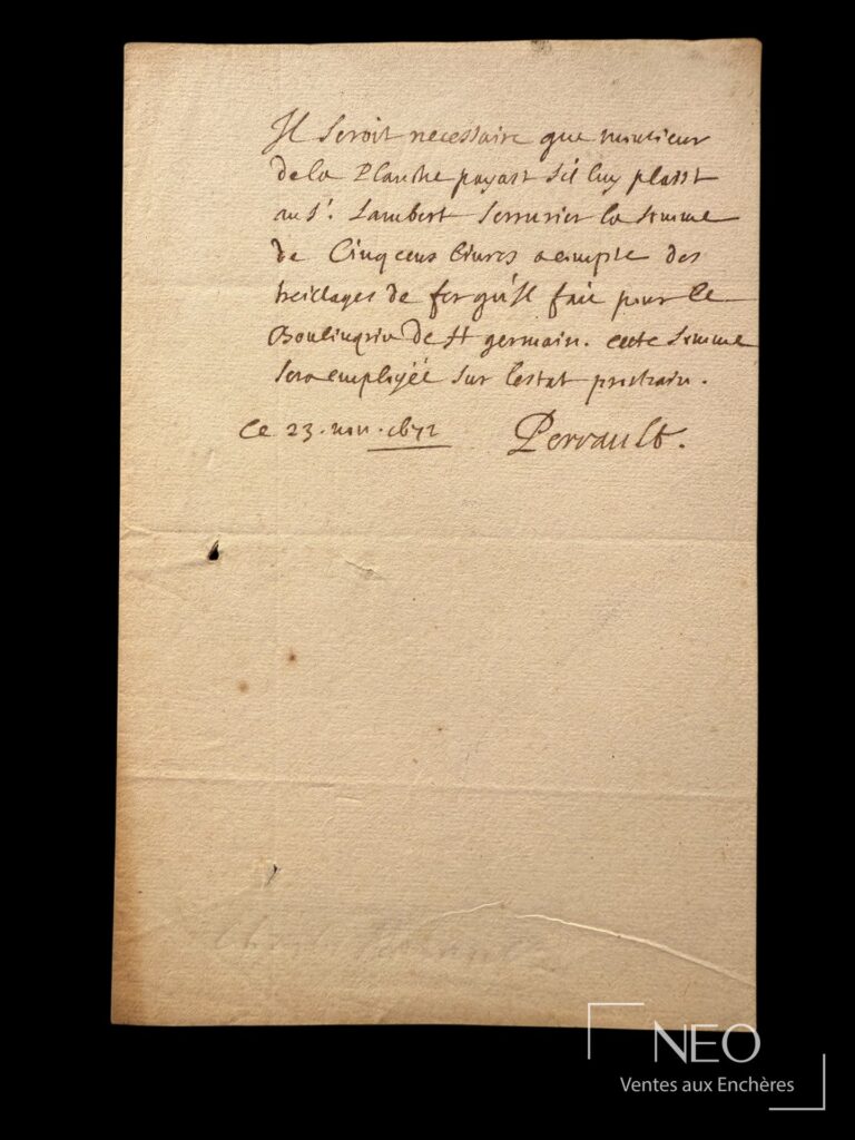 Pièce autographe signée de Charles Perrault