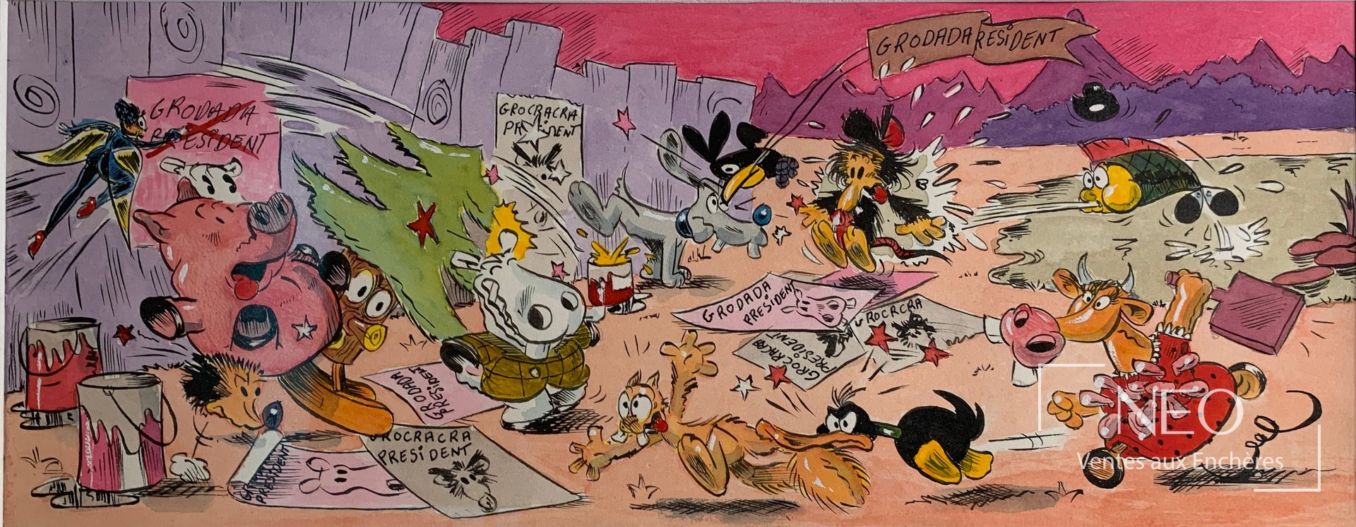 Illustration humoristique de Charlie Schlingo montrant une scène agitée avec plusieurs personnages
