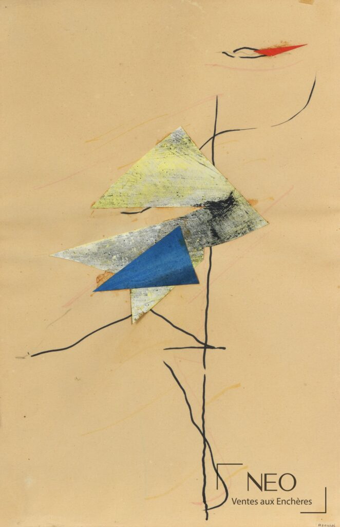 Composition abstraite sur papier avec formes triangulaires colorées et tracés noirs