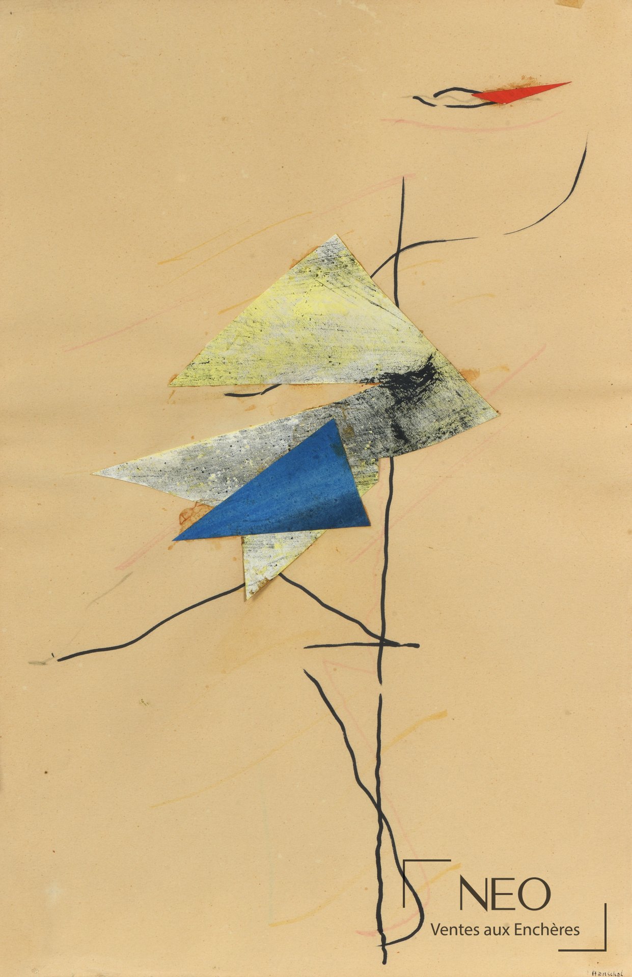 Composition abstraite sur papier avec formes triangulaires colorées et tracés noirs