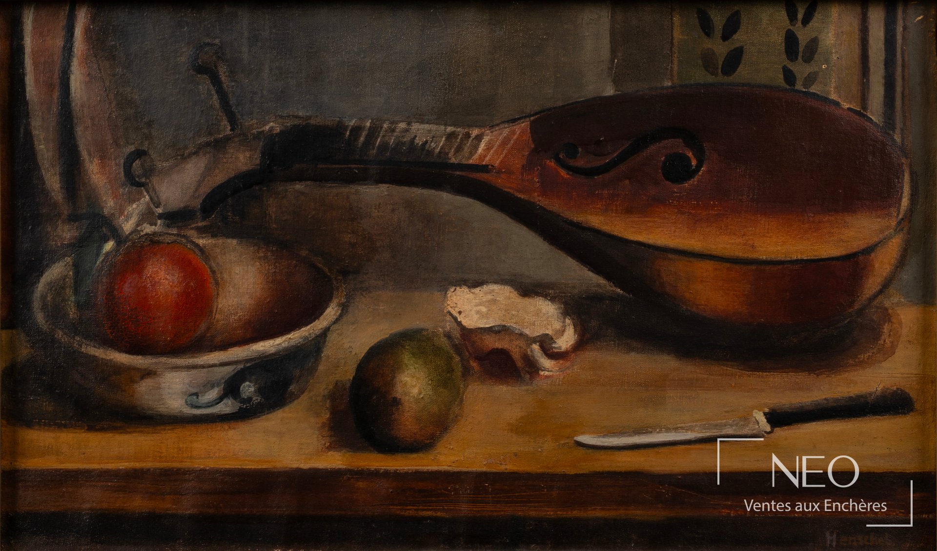 Nature morte à la mandoline de Charlotte Henschel peinte à l'huile sur toile