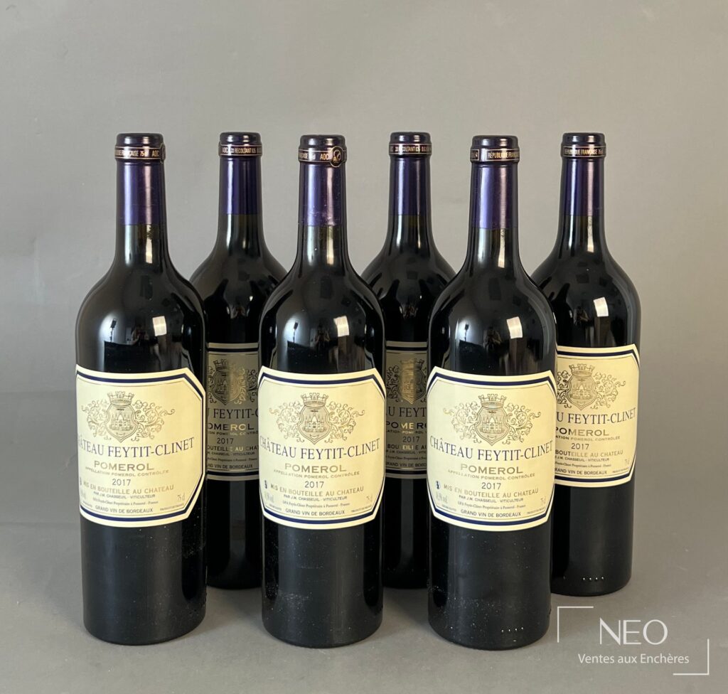 Six bouteilles de Château Feytit-Clinet Pomerol 2017 vues de face