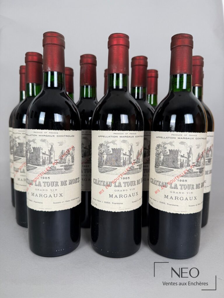Douze bouteilles de Margaux Château La Tour de Mons 1985 en caisse bois