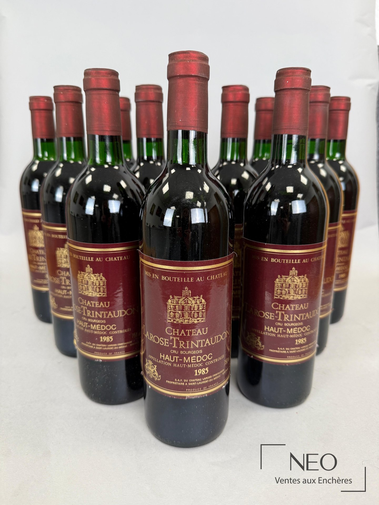 Douze bouteilles de Château Larose-Trintaudon 1985 vues de face