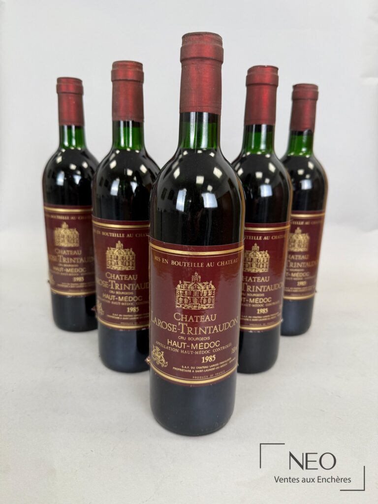 Six bouteilles de Château Larose-Trintaudon 1985 présentées de face