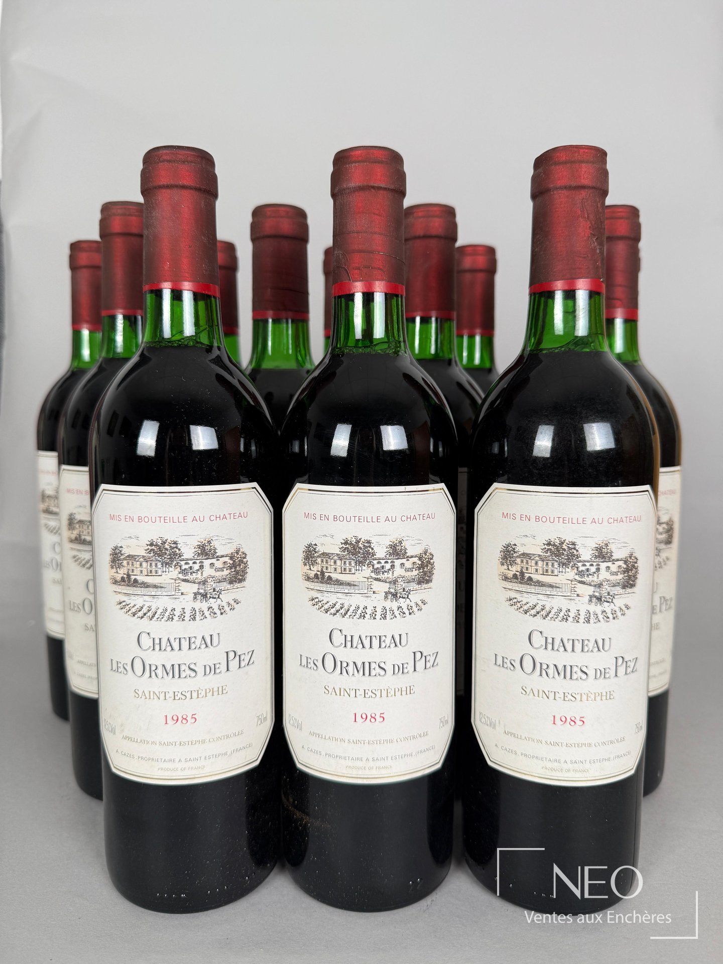 Douze bouteilles de Château Les Ormes de Pez 1985 présentées de face
