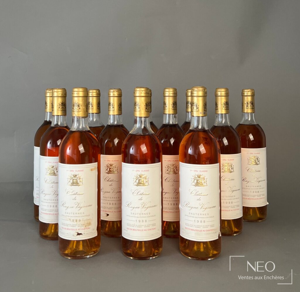 Douze bouteilles de Château Rayne-Vigneau 1988 vues de face